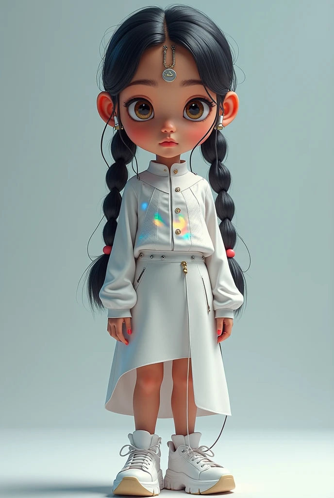 Female child with indigenous features and long, dark hair parted in the middle and tied in 2 parts wearing a white long-sleeved blouse with holographic material details and a white skirt and socks with platform sneakers. With earphones. sci fi style