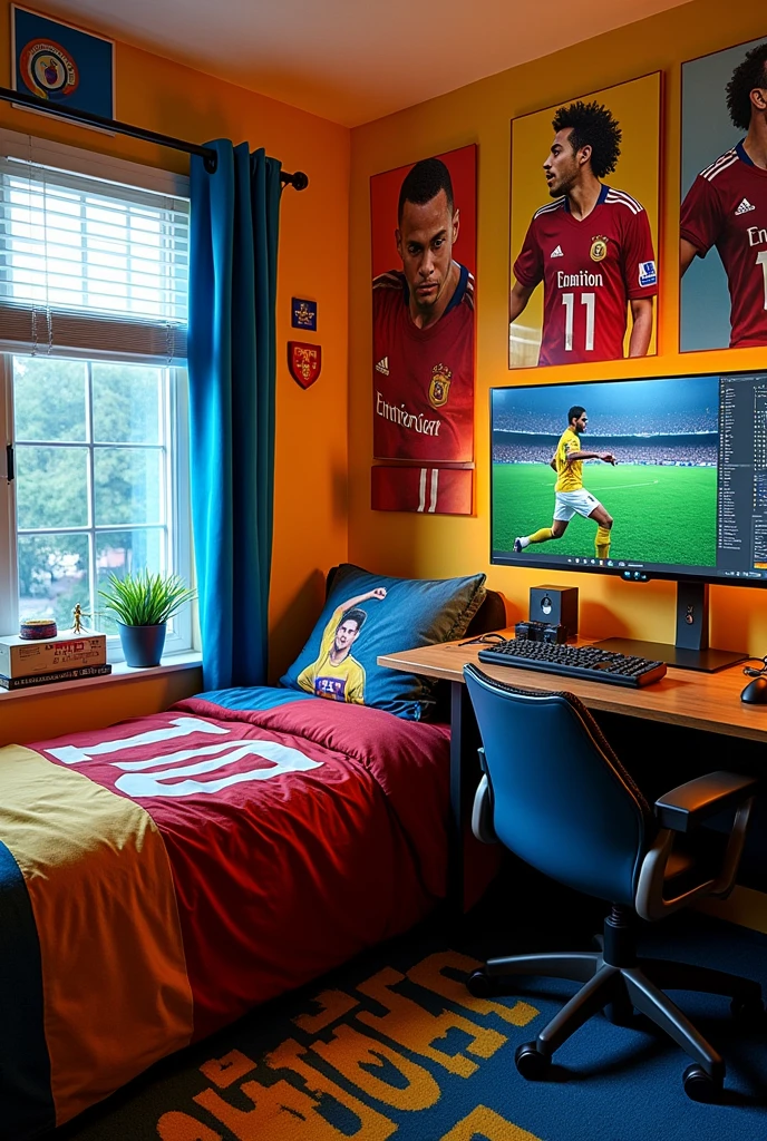 Bedroom with neymar jr posters on wall and bedsheet of neymar pics.room has gaming setup of neymar poster and theme. The room has gaming pc and setup. I want it in the pic too.i want real neymar jr pics and poster in this.neymar bedsheet and i want setup view also.neymar jr in brazil shirt jersey number 11 posters and pics..