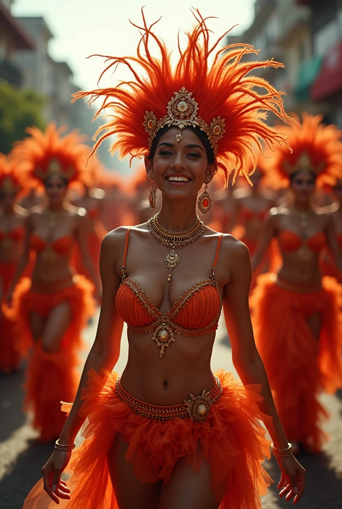 Barranquilla carnival, surrounded by many beautiful carnival women, ((dressed as carnival)), walking through the streets,smile, full body shot, cinematic lighting, from below, Sony FE, 16k, highres, best quality, award winning, high quality, high details, super detail, textured skin, anatomically correct, ccurate, masterpiece, UHD