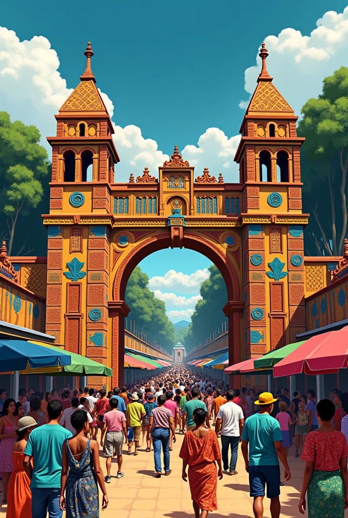 I would like you to create a drawing of the beginning of Ver-o-peso in Belém-PA with Marajoara paintings and iconography.
