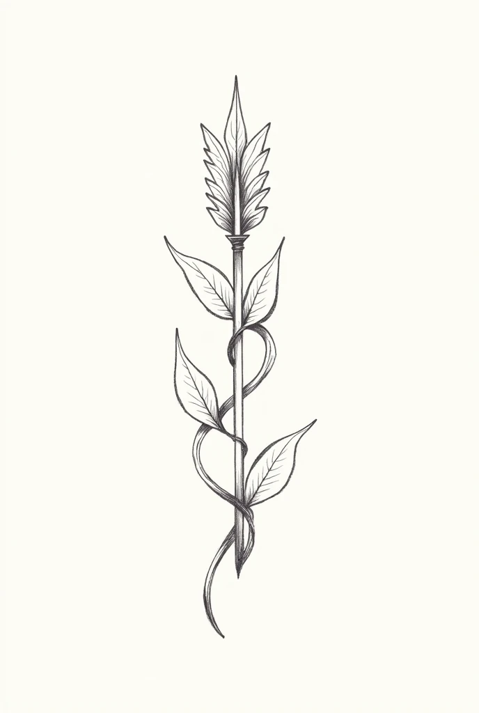 Arrow with leaves wrapped around the arrow in a tattoo sketch form, as if it were a hand-drawn design, just the outline 
