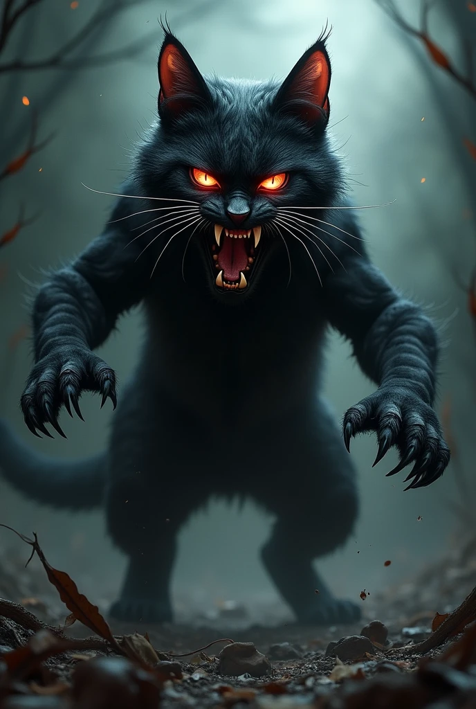 Generate an angry black cat, His anger is so great that it's starting to turn into a terrifying monster.