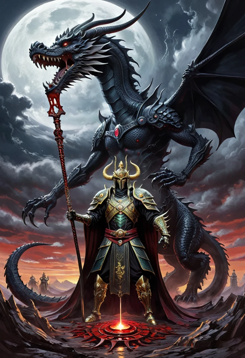 Giant weapons, topsy-turvy ancient Yue Fei's gun, very small people looking up at the huge Yue family gun, bloody twilight, the remnants of the sun like blood, dark clouds, Skeleton Snake Staff,Crescent shaped sickleBatwing CloakDragon Bone StaffBeast Claw GlovesNeck pendant,Dragon Bone Staff,dark clouds,Obsidian Bone Bloodstone Corrupted Metal Corrupted Runes Miasma Leather Shadowwood