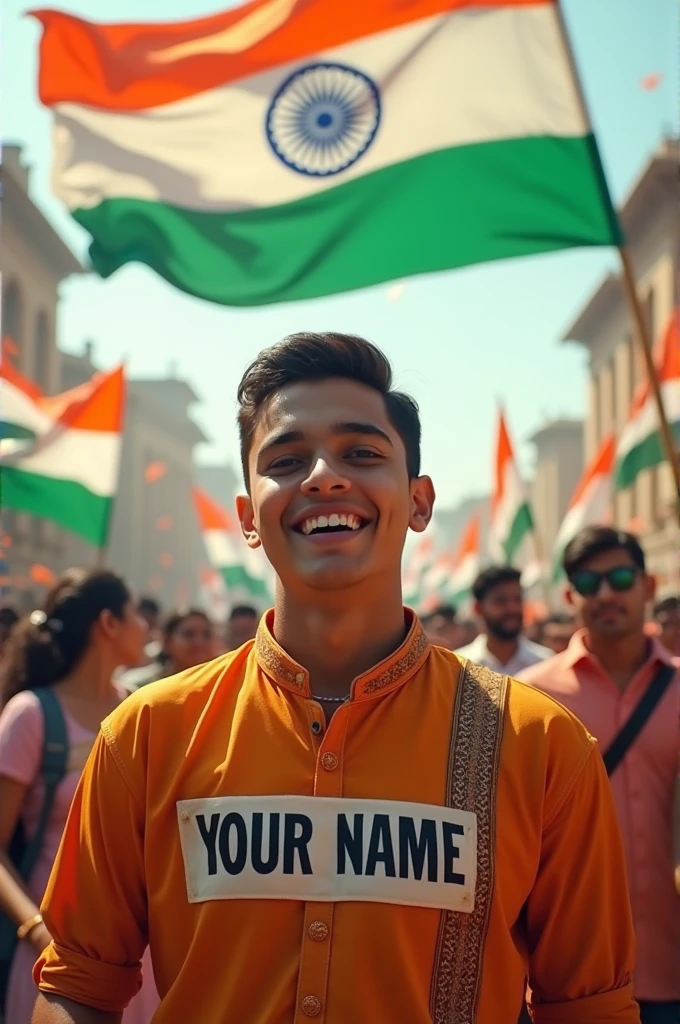 "Generate a real-life image of a 21-year-old (girl/boy) joyfully celebrating Indian Independence Day. The individual is dressed in traditional Indian attire with the name 'YOUR NAME' prominently displayed on their clothing. The sky above them features the words 'Happy Independence Day' in a bold font. The background is alive with a crowd of people celebrating, creating a vibrant and patriotic atmosphere."