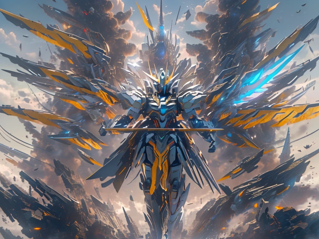 (masterpiece, Highest quality, 8k, highres, Attention to detail, distinct), a robot with a sophisticated design, Wing on the back (universe space, Cutting through a battleship, Split in two, Powerful angles, ロボットの後ろで戦艦がexplosion, explosion), ((Giant Sword:1.3, Hold your sword in both hands, The tip of the sword is diagonally forward, Standing with a tilted head.)),, Anime１scene