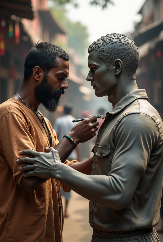 A black man in India making a statue of Cristiano Ronaldo ((real-life))