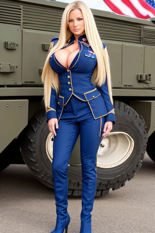 USA military , full body she is waiting to make love to you, , European woman, military uniform, tight top, huge breasts, blond and long and straight hair, blue eyes 