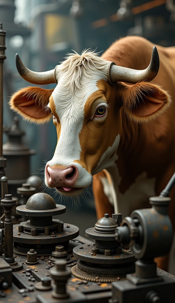 A side view of the cow focusing intently on a complex task, with machinery whirring in the background.