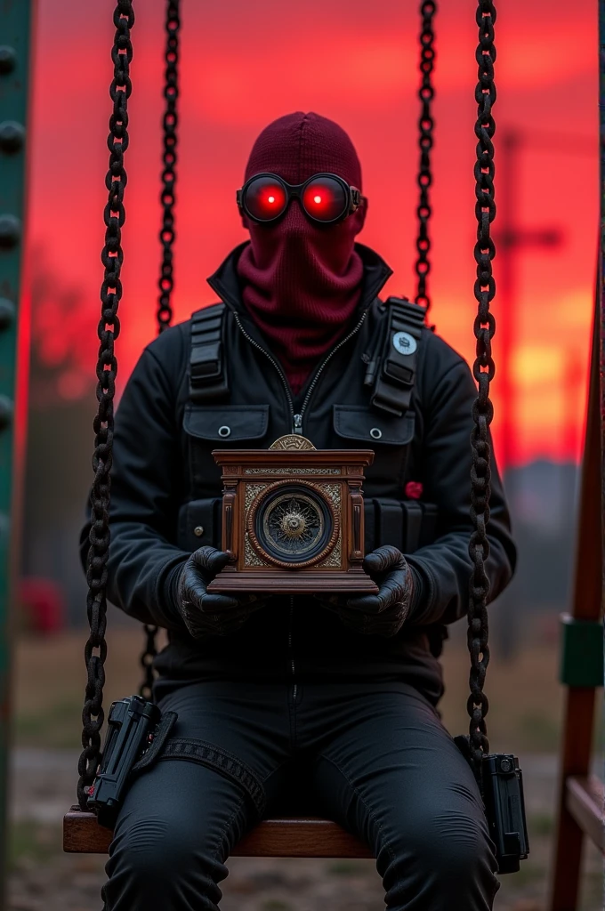 F.E.A.R. Operative with red glasses and balaclava sitting on the swings and holding music box looking up at the red sky. 