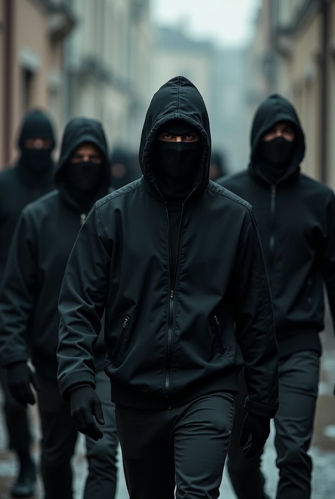 several hooligan men in black with balaclavas walking with their backs to us