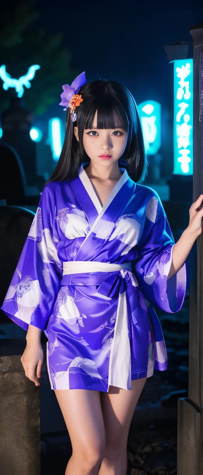 Cute Ghost Idol Girl、whole body、Good style、、、、、、、、、、Thick legs、Flame Print Kimono Dress(Fluorescent Blue)、Cool girl face、、、A graveyard glowing at night