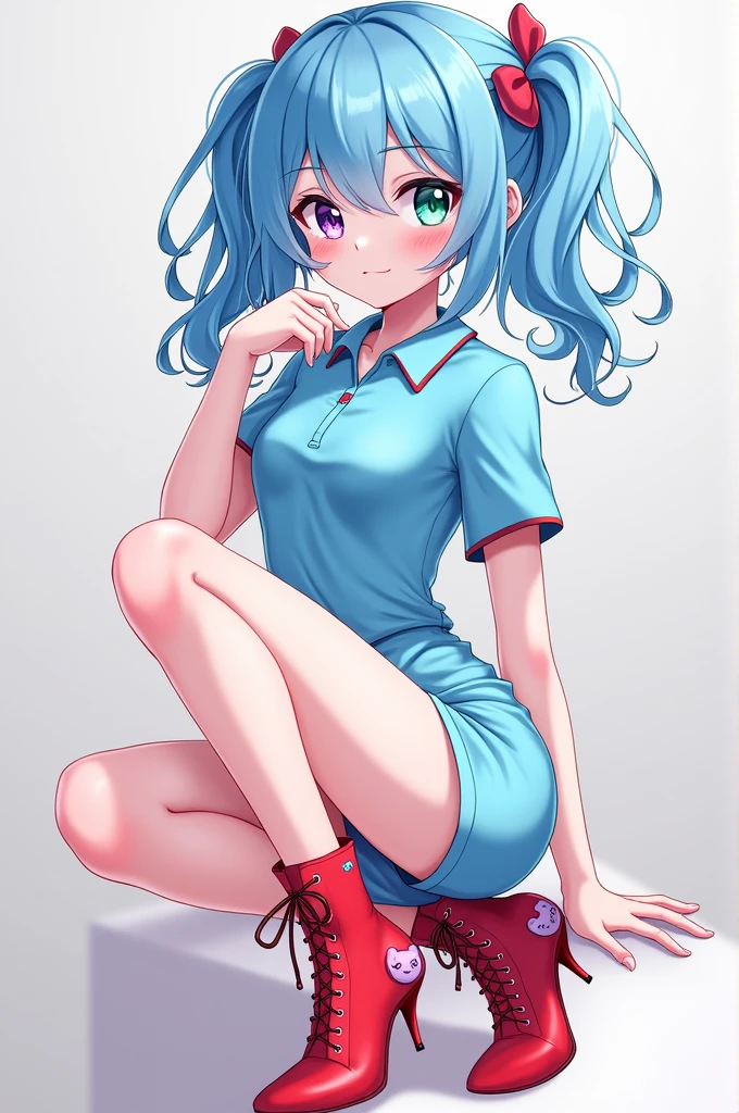 An anime girl with a bright sky blue kawaii polo shirt and tight almost bright sky blue shorts and bright fire red high-heeled boots with very kawaii adornments and white hair color and white skin, one eye purple and the other green..
