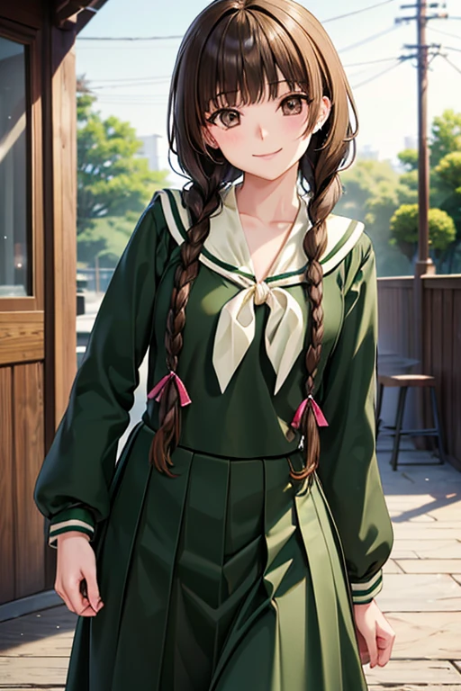 Yuno Shimazu、Shiny brown hair,Long Hair, 、((2 braids:1.5、Hair that falls over the shoulders)),Beautiful brown eyes、Sparkling eyes, Fine grain、smile、Ultra-detailed eyes、Highly detailed face, Highly detailed eyes,Cowboy Shot、
school uniform, Sailor collar, neckerchief, Green Shirt, Sailor shirt, Long sleeve, Green Skirt, Long skirt,
Highly detailed background, alone, Skirt Lift, 路上でalone持ち上げる, smile, school uniform,, White panties, Are standing,