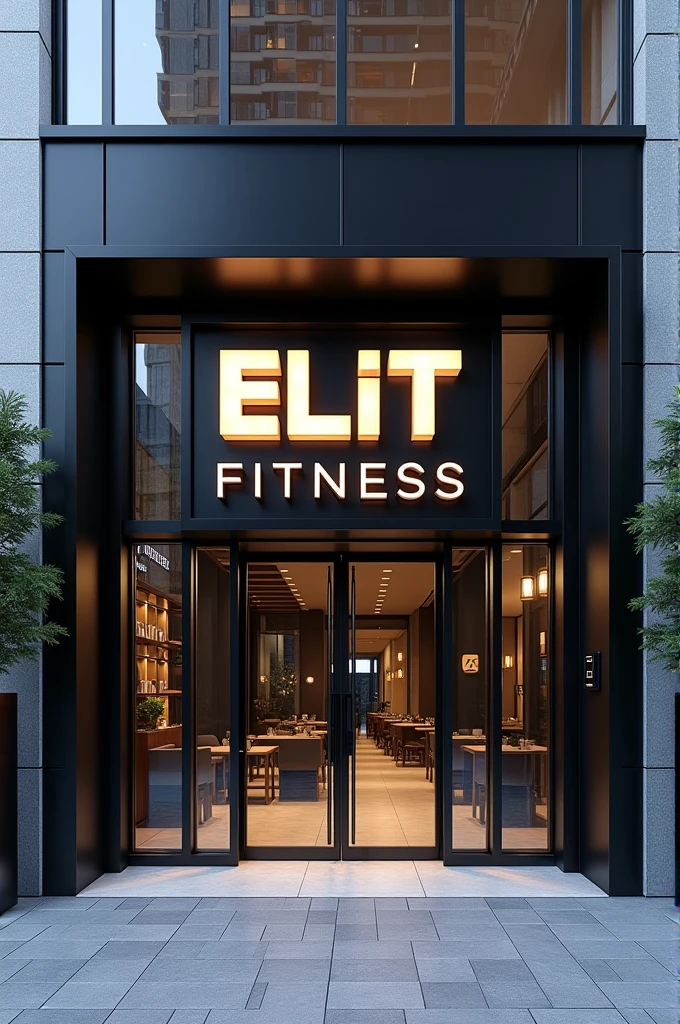 Make a picture of the facade/gym entrance showing the sign with the name of the gym elit fitness
