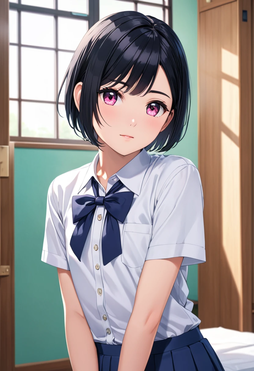 masterpiece, Highest quality, High resolution, Beautiful Face, (alone), 18-year-old,
Are standing, Cowboy Shot, Front view, View the viewer,
break black hair, Shiny Hair, ((Manish short cut), Side part, Side undercuts:1.4),
tsurime, Pink Eyes,
(Flat Chest:1.6), (Lean), (Pale skin:0.8),
(shy:1.3)
break (School uniform), (White collared shirt, Plain Shirt, Short sleeve:1), (Button unbuttoned, Button gap:1.2), (Open clothes:1.3), (Pink Good:1.2)
break (Pleated skirt, Blue Skirt, Lift up your skirt:1.3), (Visible panties, Pink Panties:1.3), (Balgicrotch:1.5)
break (night:1.5), (School, room:1.5)