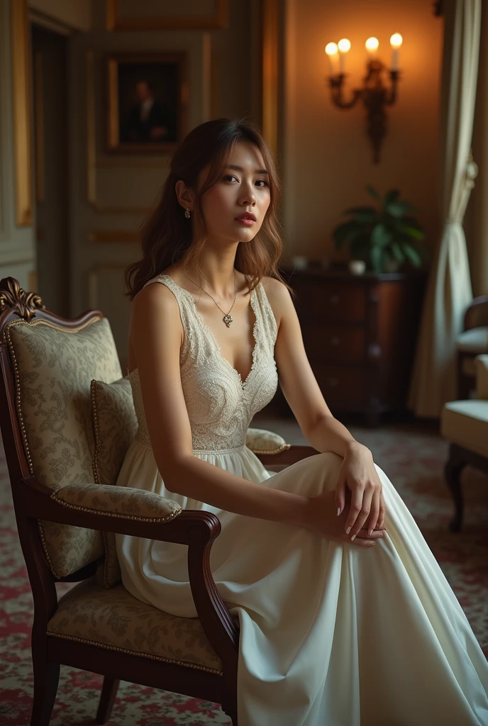 Classic Elegance: A woman dressed in sophisticated clothing, such as an evening gown or elegant suit, in a refined setting, such as a chic living room or formal event.