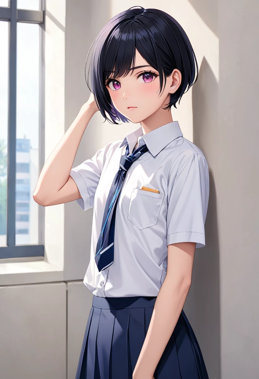 masterpiece, Highest quality, High resolution, Beautiful Face, (alone), 18-year-old,
Are standing, Cowboy Shot, Front view, View the viewer,
break black hair, Shiny Hair, ((Manish short cut), Side part, Side undercuts:1.4),
tsurime, Pink Eyes,
(Flat Chest:1.6), (Lean), (Pale skin:0.8),
(shy:1.3)
break (School uniform), (White collared shirt, Plain Shirt, Short sleeve:1), (Button unbuttoned, Button gap:1.2), (Open clothes:1.3), (Pink Good:1.2)
break (Pleated skirt, Blue Skirt, Lift up your skirt:1.3), (Visible panties, Pink Panties:1.3), (Balgicrotch:1.5)
break (night:1.5), (School, room:1.5)
