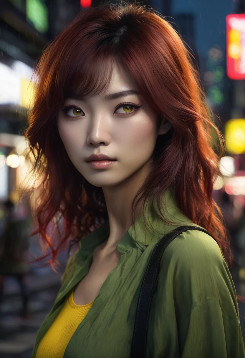 1 woman, she is Japanese with dark skin, in a city at night, wearing a moss green blouse, feminine yellow eyes, dark black skin, detailed dark skin, REDDISH HAIR, REDDISH HAIR, eyes without eyelids, long disheveled red hair, dramatic lighting, cinematic composition, dark palette, dark colors, atmospheric mist, thin chin, smooth face, serious face, beautiful woman, adult woman, ultra-realistic, adult woman, (best quality, 4K, 8K, high resolution, art: 1.2), ultra-detailed (realistic, photorealistic, photorealistic: 1.37