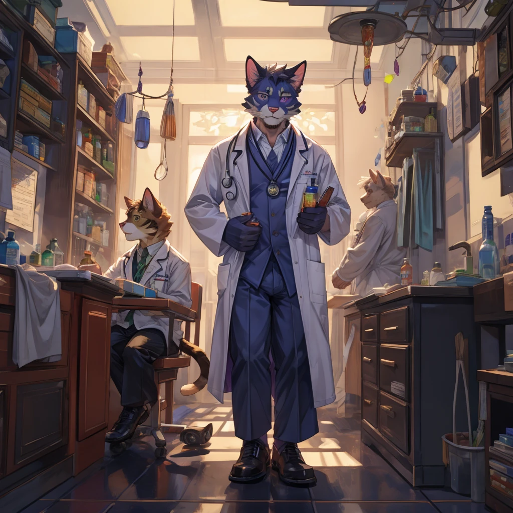 Cat, male, doctor, with three medicine bottles on his waist: red, green, purple,