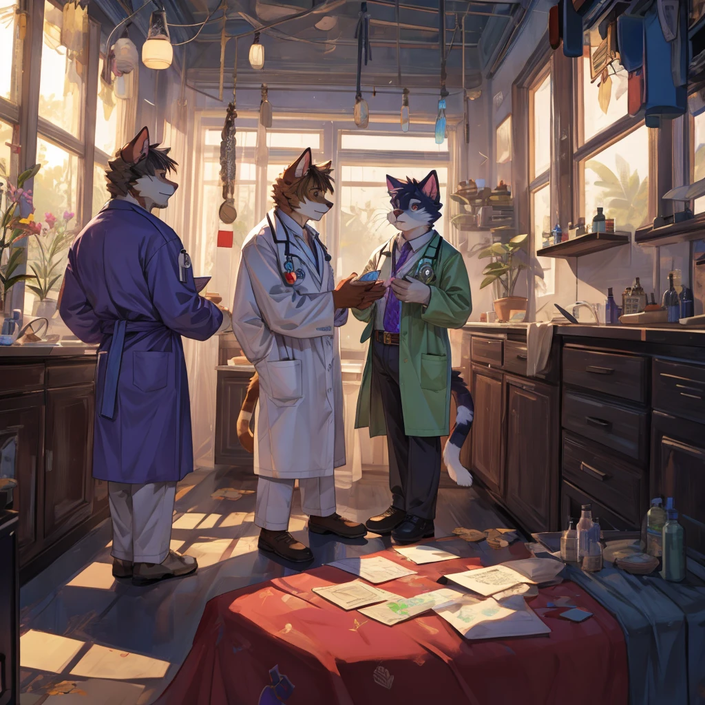Cat, male, doctor, with three medicine bottles on his waist: red, green, purple,