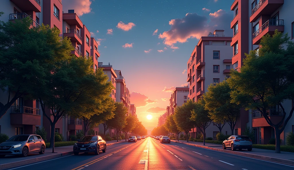 Morning Glow,summer,Starry Sky,moon,dawn,Streetscape,City,apartment,Residential Street