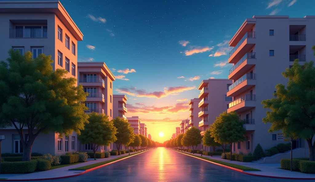 Morning Glow,summer,Starry Sky,moon,dawn,Streetscape,City,apartment,Residential Street