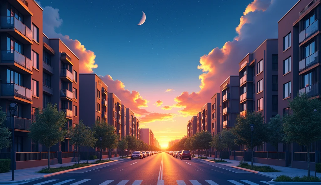 Morning Glow,summer,Starry Sky,moon,dawn,Streetscape,City,apartment,Residential Street
