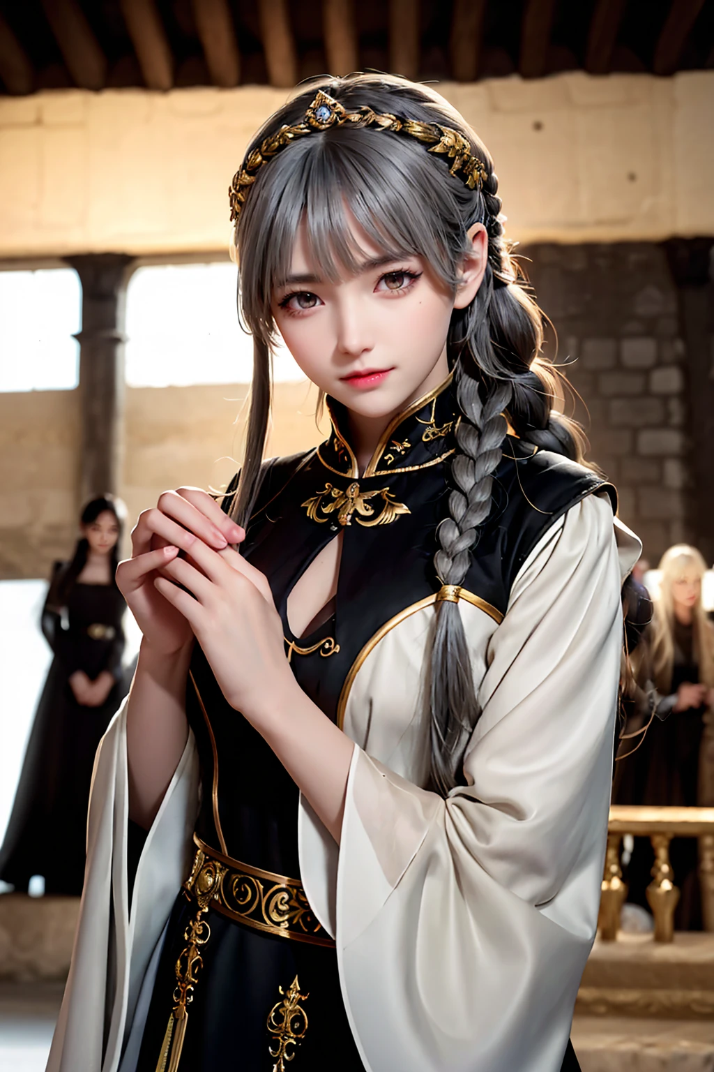 Highest quality, masterpiece,Gray Hair, Golden Eyes,medieval black dress, look up, Upper Body,hair,Fair skin,Side braid、Inside the medieval castle