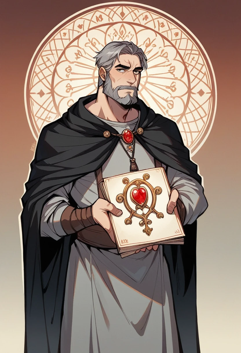 create a powerful and imperious old wizard, wearing a black cloak, with a long, gray beard and hair, A mysterious face, half-hidden by a shadow, carrying a ruby amulet and holding tarot cards in front of his face, medieval castle setting and ultra-realistic image