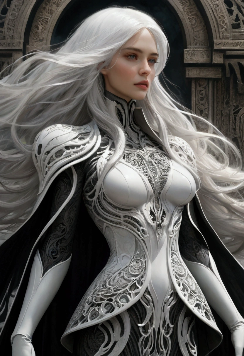 poRtRait, Beautiful woman, wHite HaiR, oRnate dRess, (long HaiR in waves like smoke):0.85 , confident expRession, detailed, 16K, san francisco, intRicate aRtwoRk masteRpiece, inauspicious, matte painting movie posteR, golden Ratio, tRending on cgsociety, intRicate, epic, tRending on aRtstation, By Artgerm, H. R. Giger and Beksinski, HigHly detailed, vibRant, pRoduction cinematic cHaRacteR RendeR, ultRa HigH quality model:1