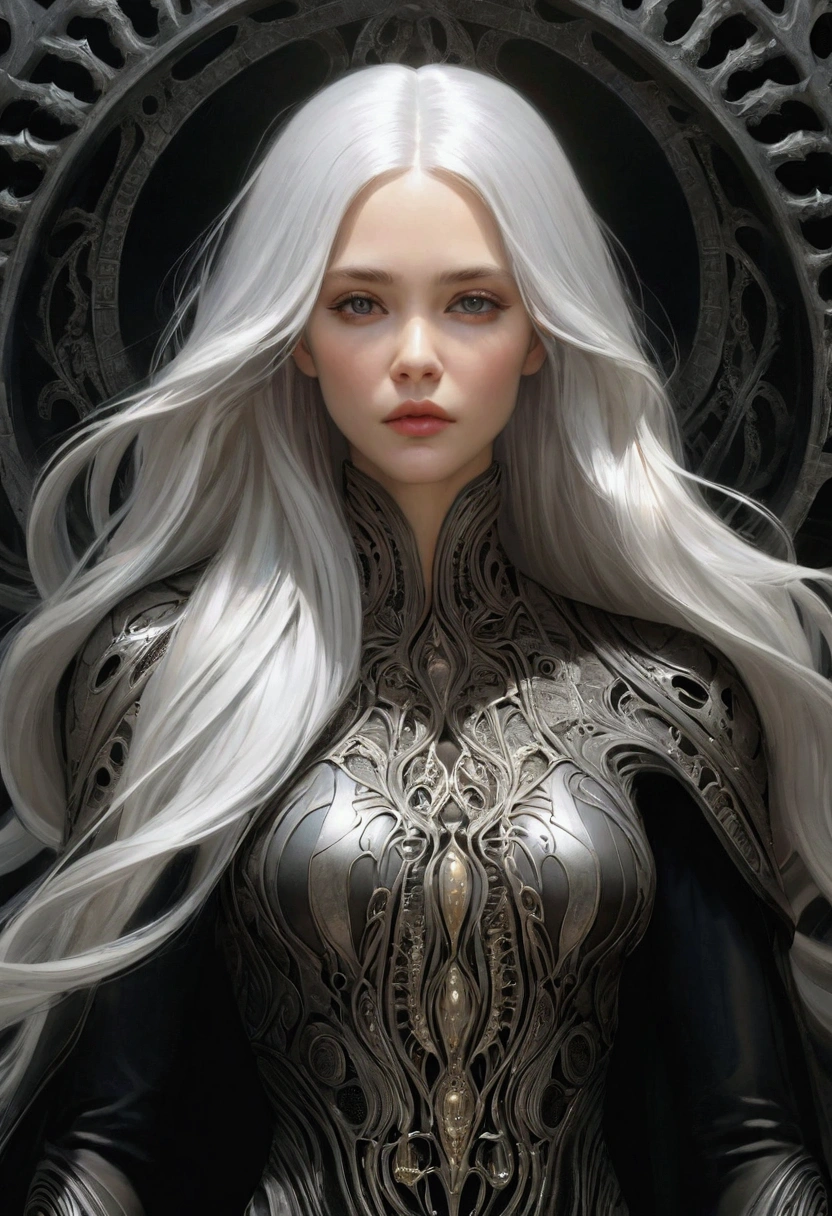 poRtRait, Beautiful woman, wHite HaiR, oRnate dRess, (long HaiR in waves like smoke):0.85 , confident expRession, detailed, 16K, san francisco, intRicate aRtwoRk masteRpiece, inauspicious, matte painting movie posteR, golden Ratio, tRending on cgsociety, intRicate, epic, tRending on aRtstation, By Artgerm, H. R. Giger and Beksinski, HigHly detailed, vibRant, pRoduction cinematic cHaRacteR RendeR, ultRa HigH quality model:1