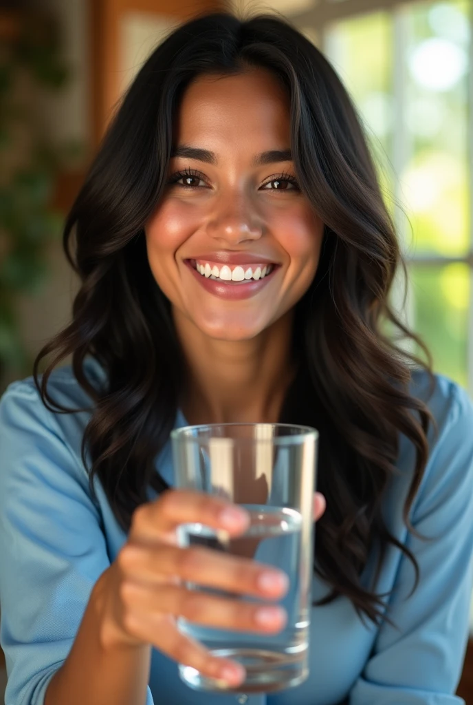 Latina woman in a light blue blouse smiling while holding a glass of water