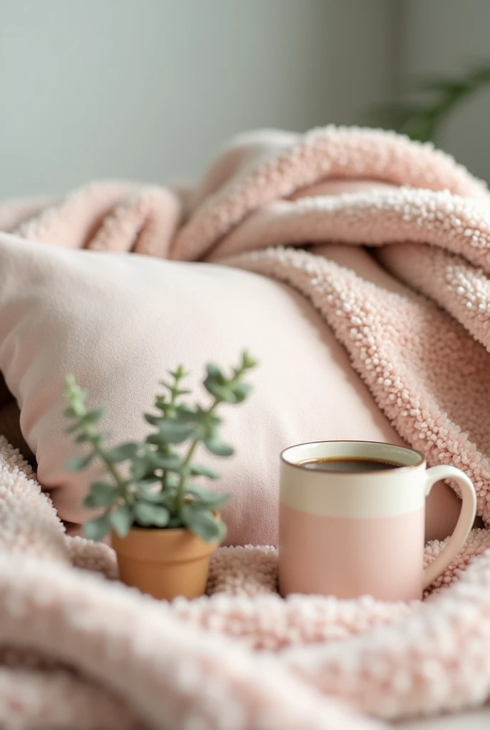 close up of throw pillow with soft blanket put a little pastel colors- warm and cozy feelingand coffee mug with some subtle color and a plant --ar 9:16