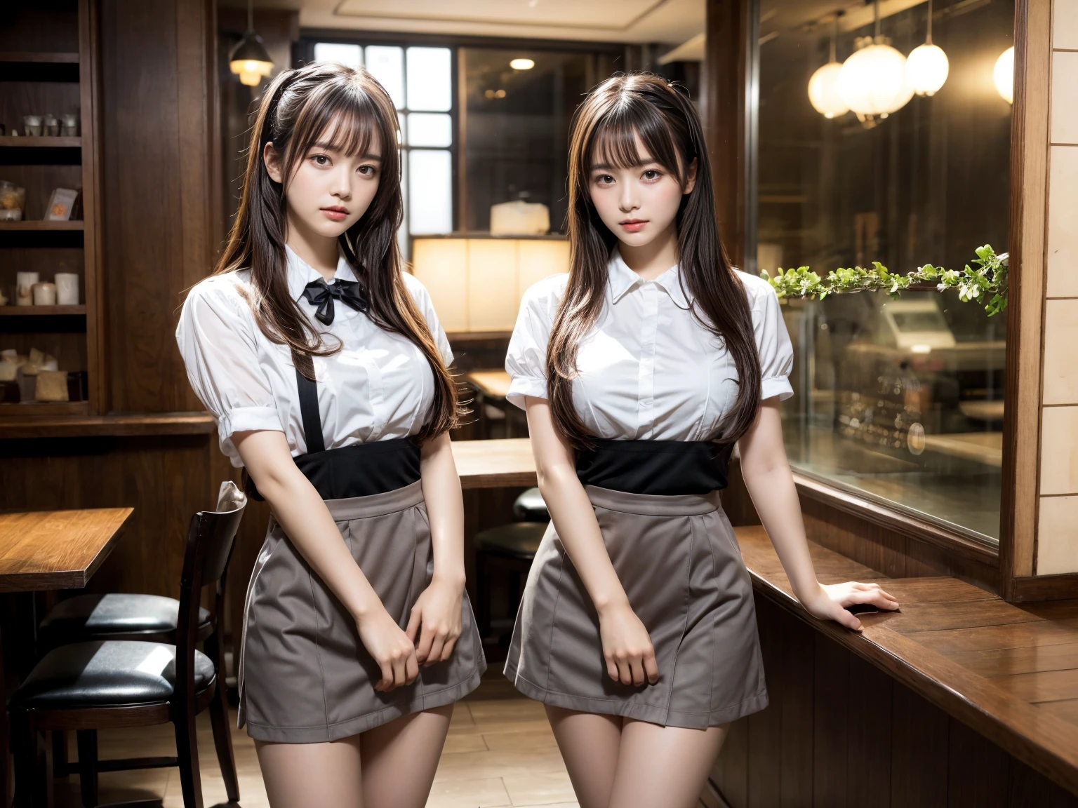 masterpiece, best quality, illustration, Super detailed, fine details, High resolution, 8K,wall paper, perfect dynamic composition,(Details High quality, realistic depiction of eyes:1.3), (2 girls), standing,waitress uniform, restaurant, huge breasts, short bob hair、black hair color, Big Natural Color Lip, (perfect body shape), crying a little、Harajuku style、20 year old girl、cute type、lolita、beautiful legs, focus on crotch, full body photo, gravure idol