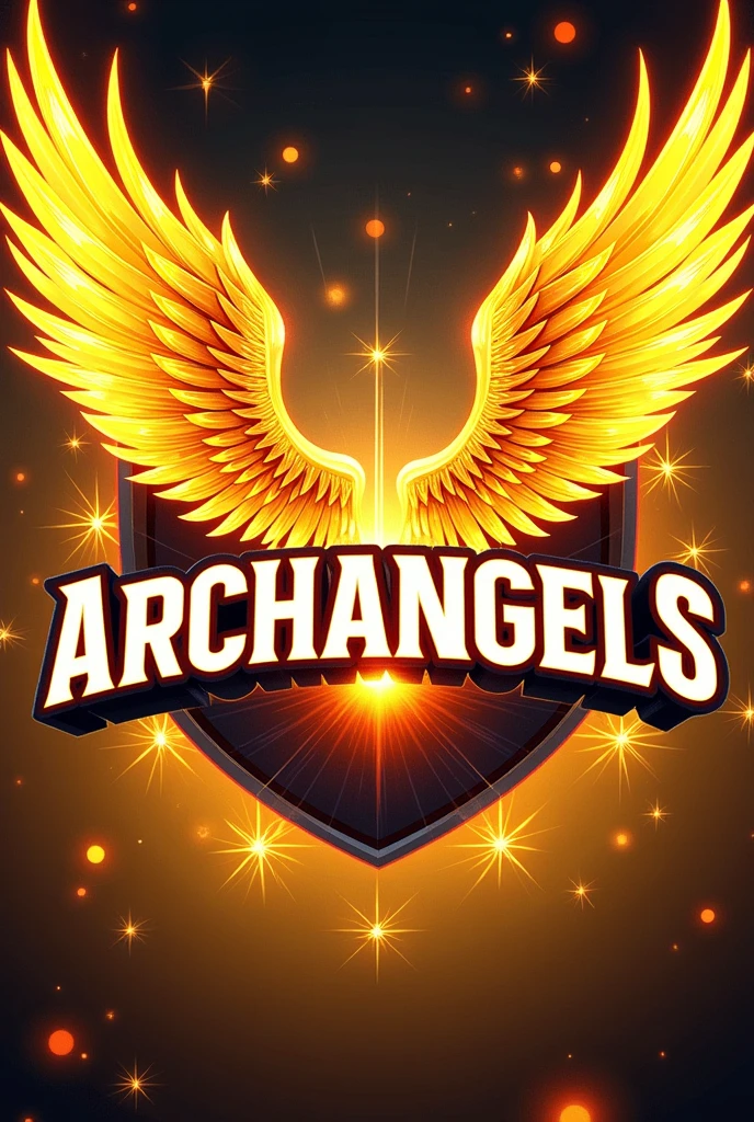A cheerleading banner art, the name da equipe é Archangels, with yellow and black background with fire effects, the name "Archangels" Being in the middle of the image, and with the drawing of a wing, with more angelic elements