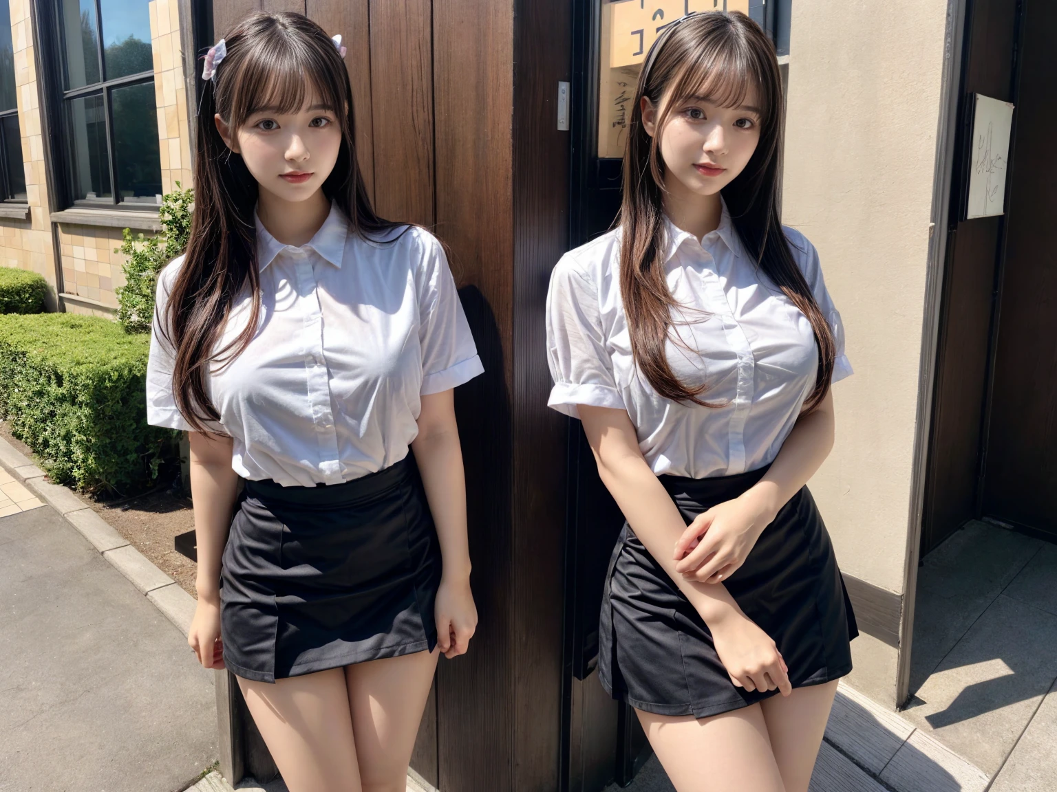 masterpiece, best quality, illustration, Super detailed, fine details, High resolution, 8K,wall paper, perfect dynamic composition,(Details High quality, realistic depiction of eyes:1.3), (2 girls), standing,waitress uniform, restaurant, huge breasts, short bob hair、black hair color, Big Natural Color Lip, (perfect body shape), crying a little、Harajuku style、20 year old girl、cute type、lolita、beautiful legs, focus on crotch, full body photo, gravure idol