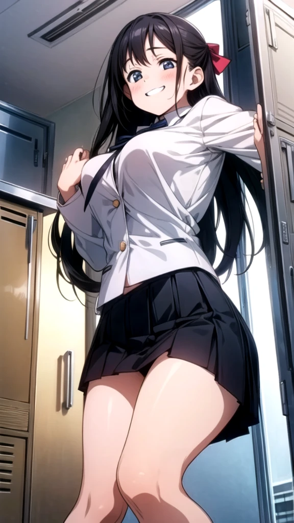 Beauty　Long black hair　Hair Ribbon　smile　Embarrassed　blush、uniform　tits　Pure white underwear　Thick pubic hair　Completely naked　Flip up the skirt　locker room　Shooting from below