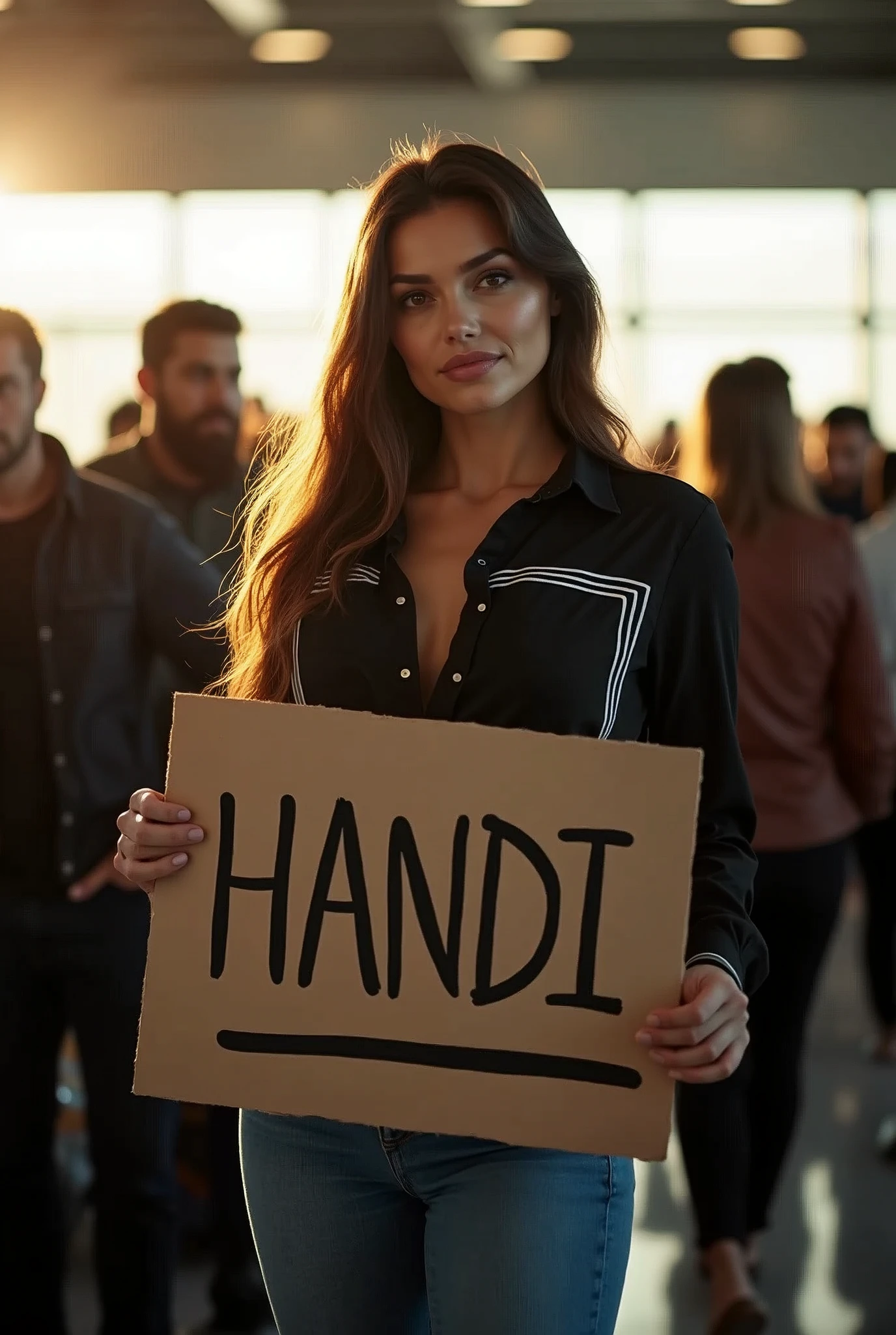 detailed, concentrated, Professional lighting, Very beautiful women, airport, long hair, curve body, black shirts(square white line motif), Full body image, Take a crowded line, Standing in the airport waiting for somebody, Holding the large papper with text HANDI, Crowded inside the airport, Surrounded by men and women, the lights from the window on her face.