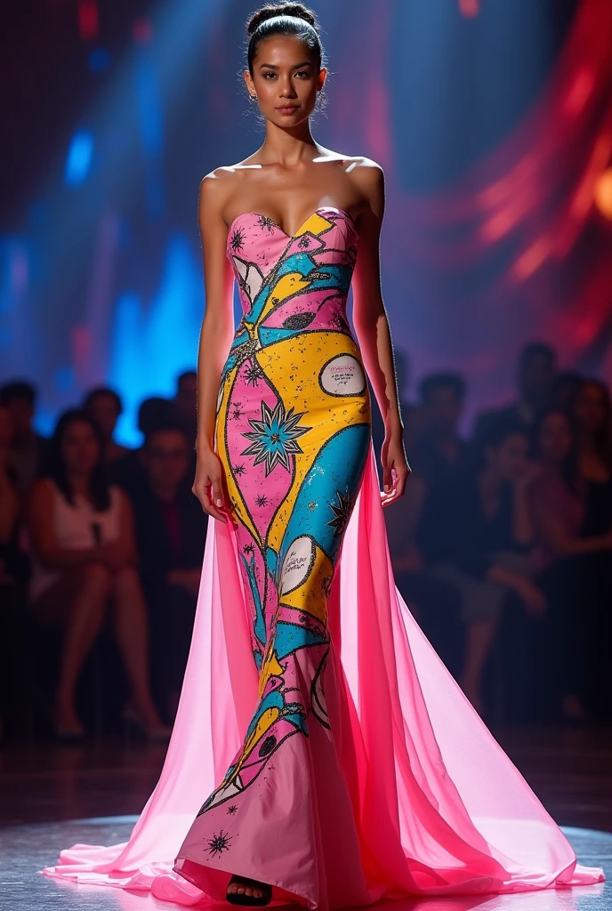 Light pink body-hugging dress with bright bold design injMiss Universe