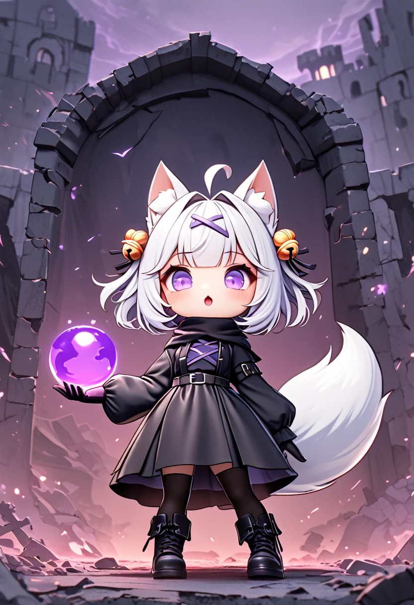 master piece, best quality, ultra-detailed, illustration, midnight, battlefield, gloomy atmosphere, broken castle, broken walls, ruins, purple flames, 1girl, solo, chibi, (big head), cute pose, front view, looking at viewer, ((full body Close up)), chubby, fat, filian, filianoverall, Filiansailor, ((white hair)) , short hair, shoulder length hair, fly-away hair, bangs, hairclip, purple hair ornament, cat ears, (hair bell:1.3) ahoge, purple eyes, open mouth, smiling, (white fluffy fox tail), (black tattered robe), long gown, black arm sleeves, black gloves, wielding flame orb, black stockings, black boots, pet purple slime
