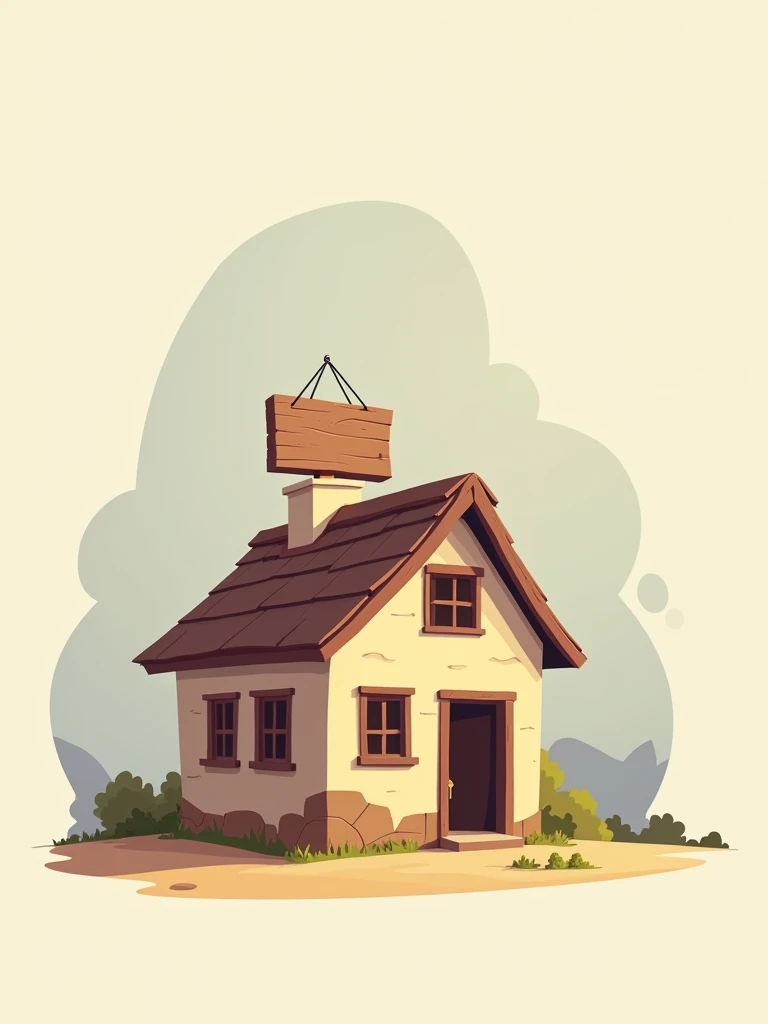 At the center of the image, there is a rustic 2D house with a sign on top of the roof. 2D image.