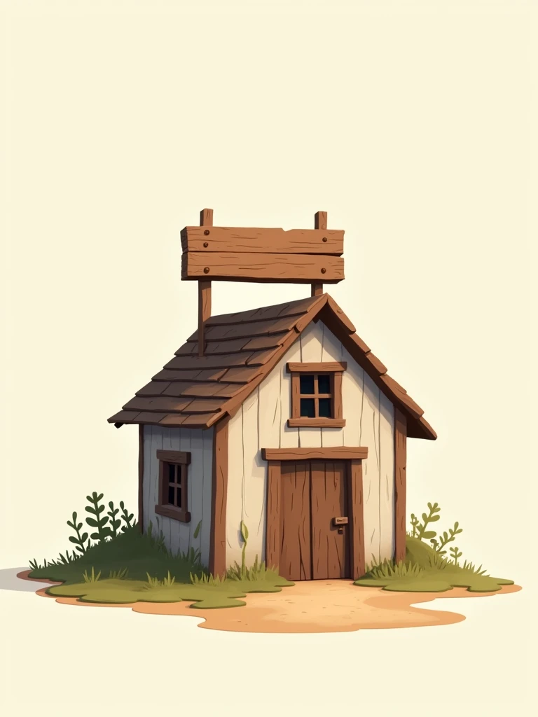 At the center of the image, there is a rustic 2D house with a sign on top of the roof. 2D image.