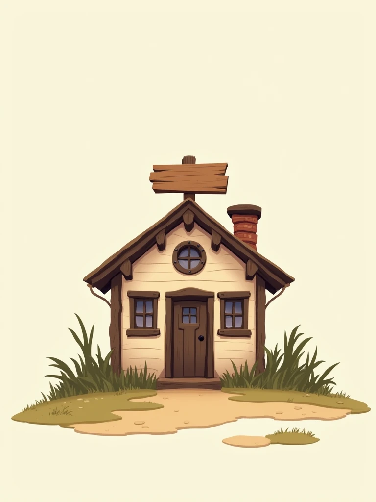 At the center of the image, there is a rustic 2D house with a sign on top of the roof. 2D image.