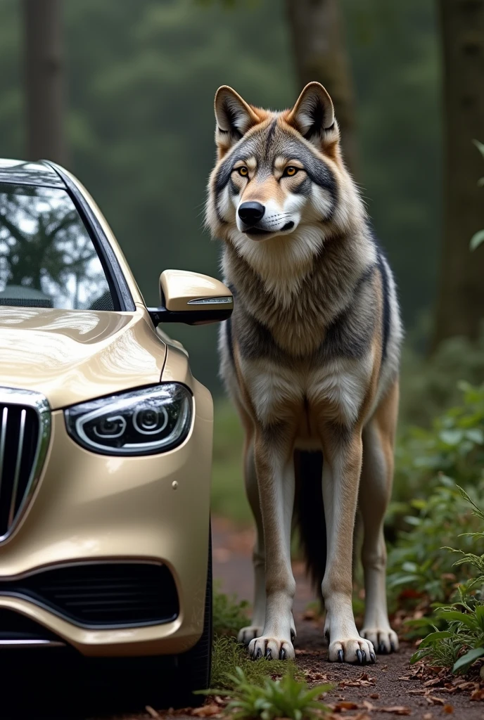 A rich gray wolf with a beige Mercedes Maybach