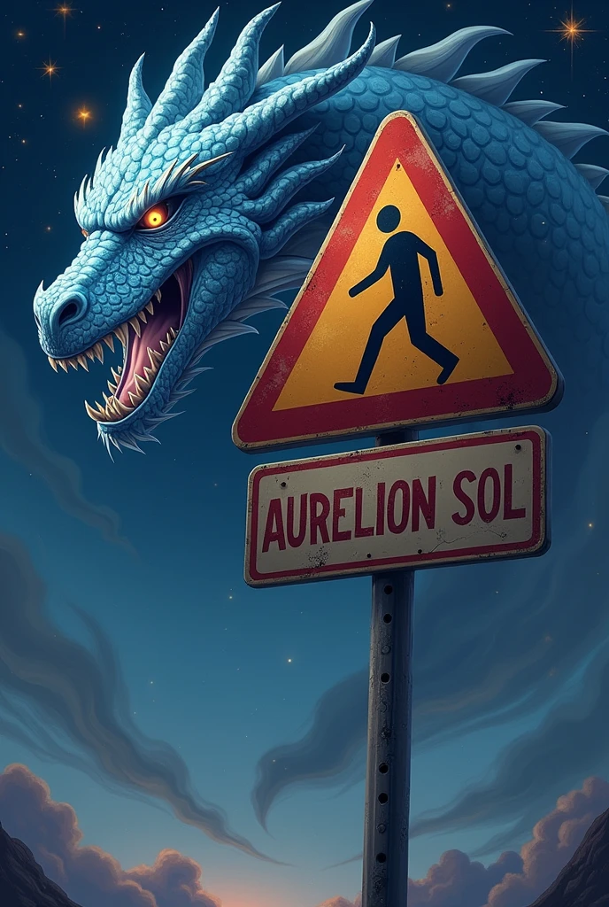 A traffic sign with the message "Aurelion Sol prohibited" writing, with the drawing of a dragon's face in the background