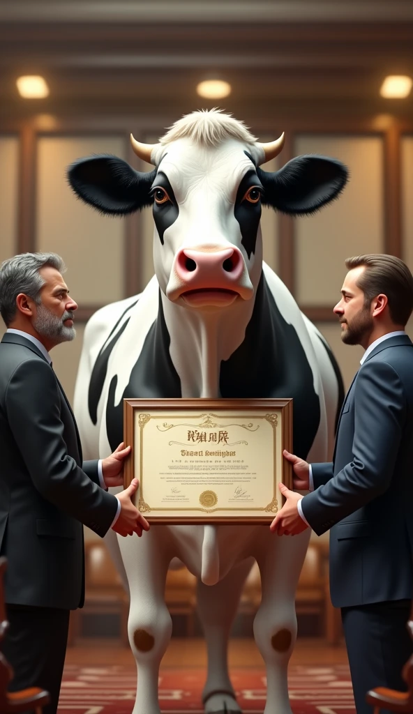 A scene showing the cow receiving a certificate of appreciation from factory managers for her dedication.