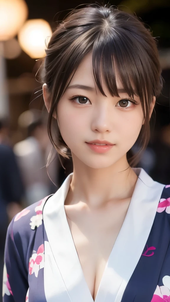 8k,Highest quality,(masterpiece:1.2),(Realistic),(Realistic:1.37),Ultra-high resolution,1 female college student,festival,night,smile,Beautiful Eyes,(((Cute Yukata))),Perfect body,Perfect Fingers,Professional Lighting,gravure,Detailed face and skin texture,fine grain,RAW Photos