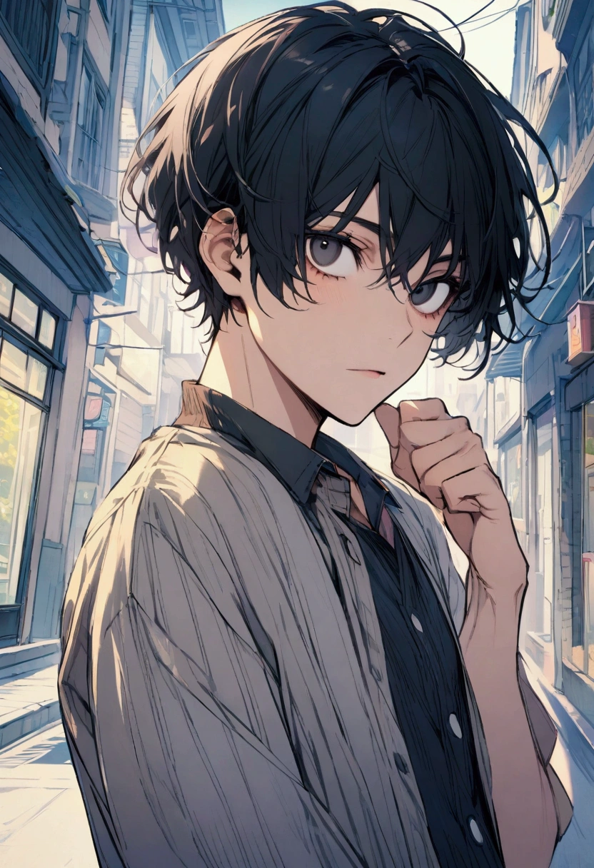 black-eyed ,black short hair boy in casual clothes