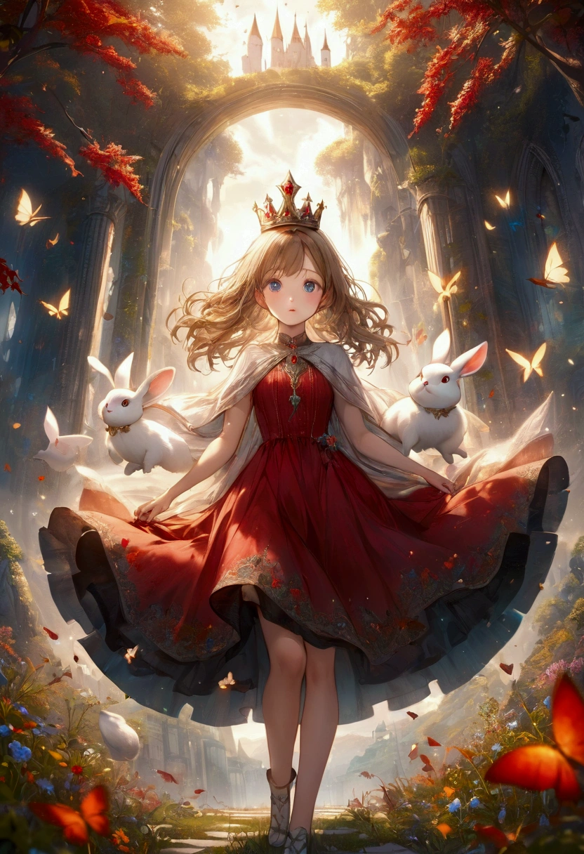 A dynamic knees-up pose of a beautiful 20-year-old girl with messy dark blonde hair, set in a mystical fantasy landscape. She is in front of a portal that leads to a magical castle, surrounded by an enchanting atmosphere. The woman has striking, detailed eyes and lips, with long eyelashes. She wears a crown of red leaves and a dress made of leaves and wildflowers, with butterflies and birds flying around her. holding a fluffy white rabbit, The image is photorealistic and hyper-detailed, with intricate details, dramatic lighting, and a cinematic composition in 4K resolution.
