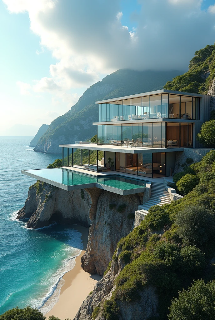 create a Mansion full of glass by the sea